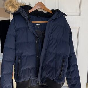 Express Men's Dark Blue Puffer Jacket with Faux Fur Trim
